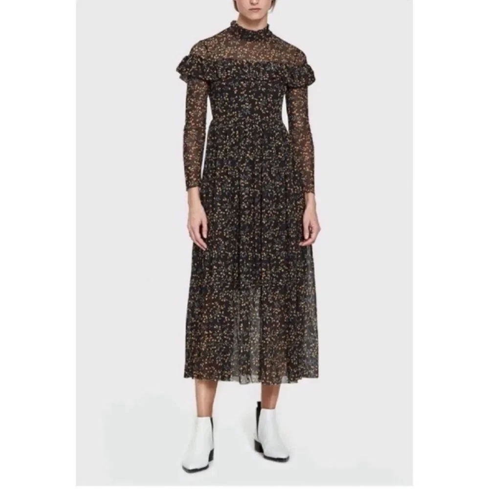 GANNI Tilden Ruffled Floral Print Mesh Maxi Dress